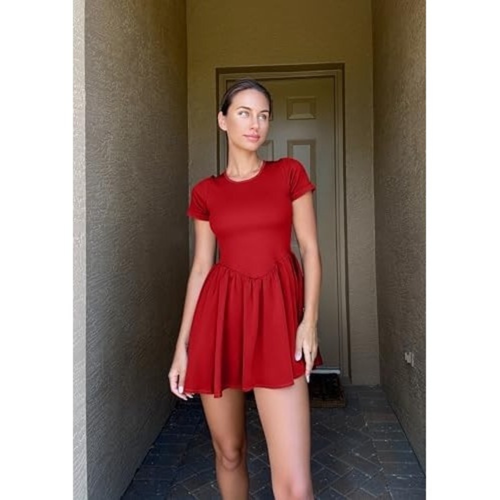 OQQ Mini Dress Womens Medium Red Ribbed Square Neck Fit & Flare Short Sleeve‎